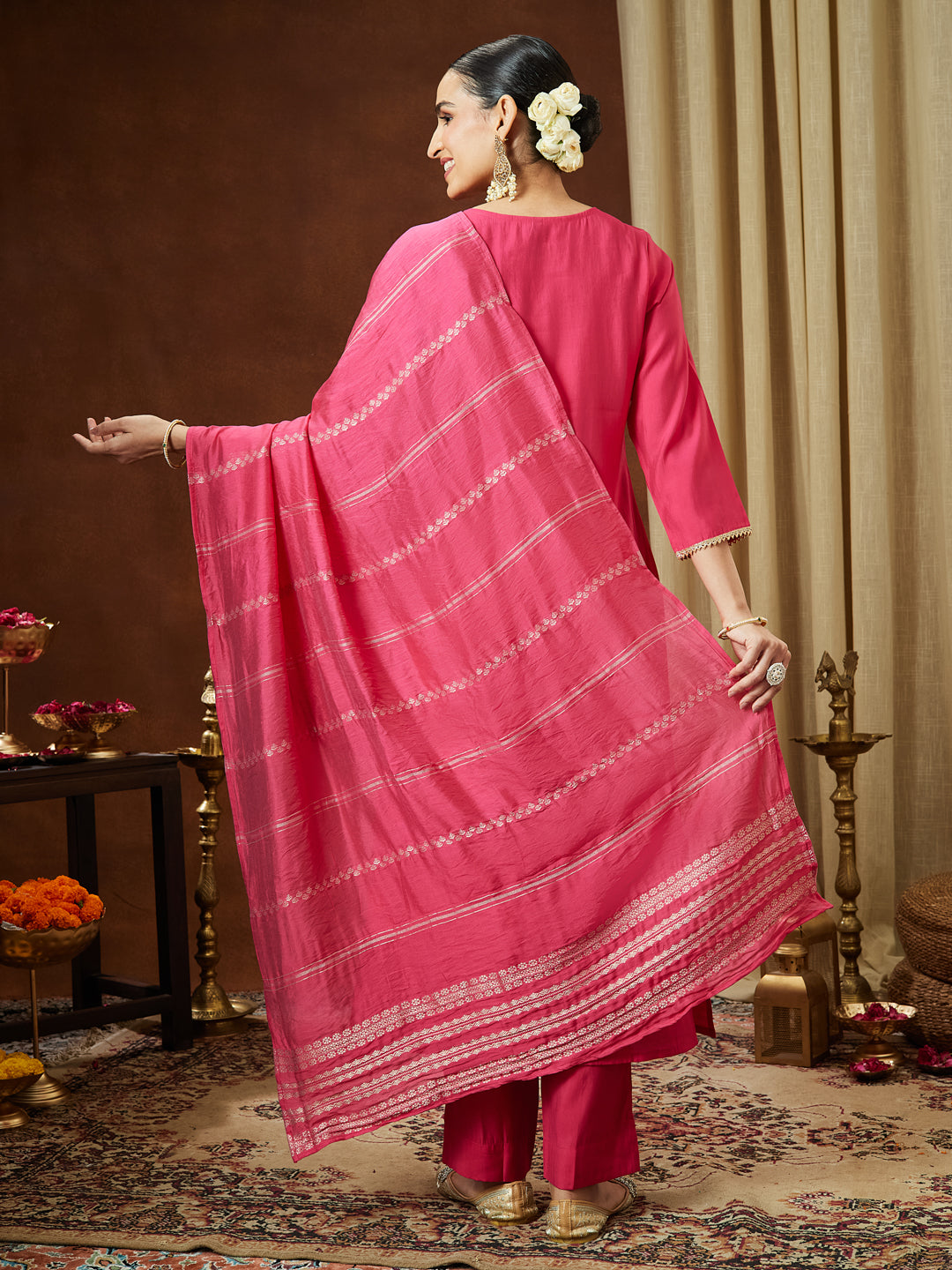 Janasya Women's Pink Chanderi Silk Zari Yoke Embroidered Straight Kurta Set