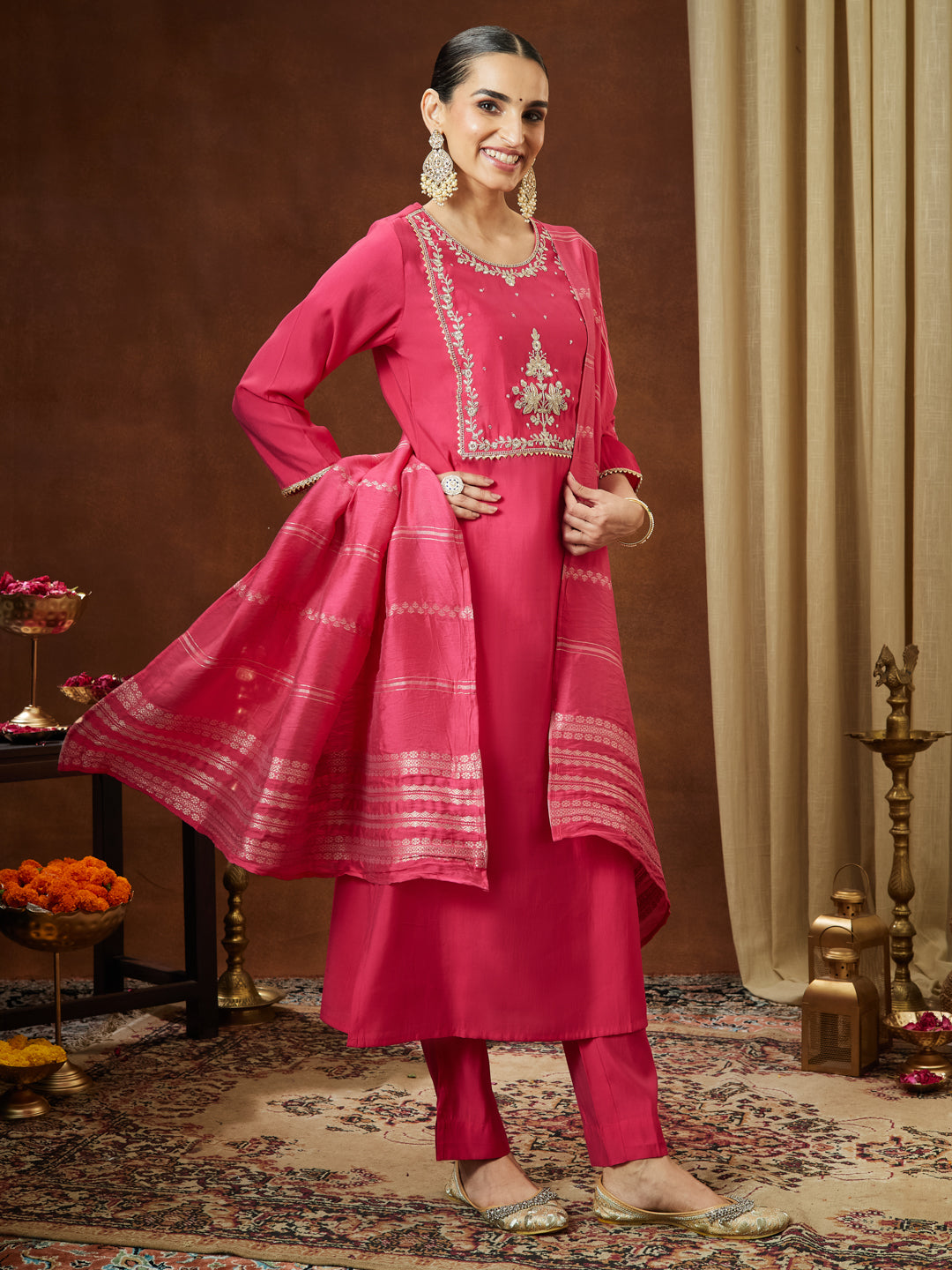 Janasya Women's Pink Chanderi Silk Zari Yoke Embroidered Straight Kurta Set