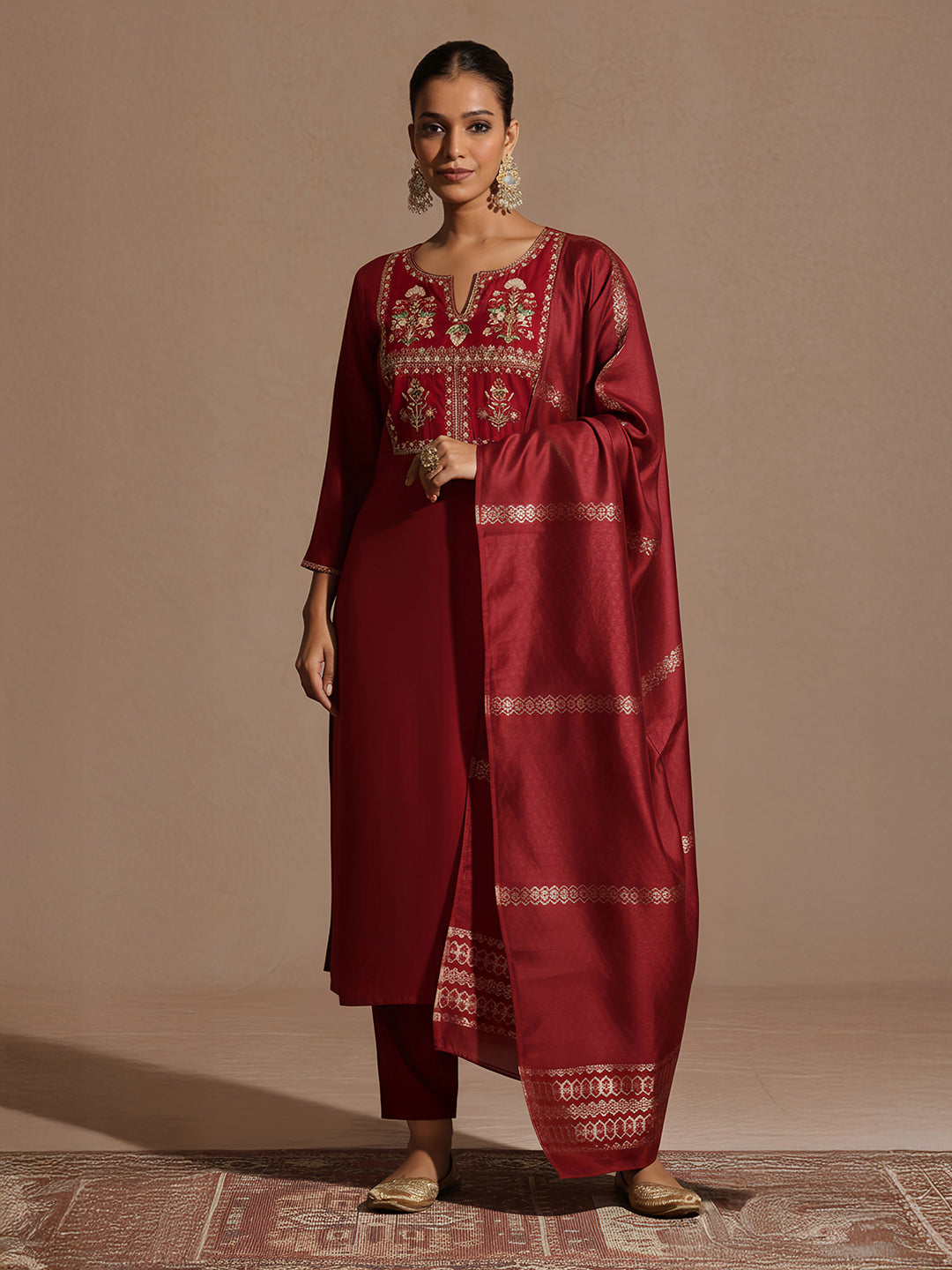 Janasya Women's Maroon Chanderi Silk Yoke Embroidered Straight Kurta Set