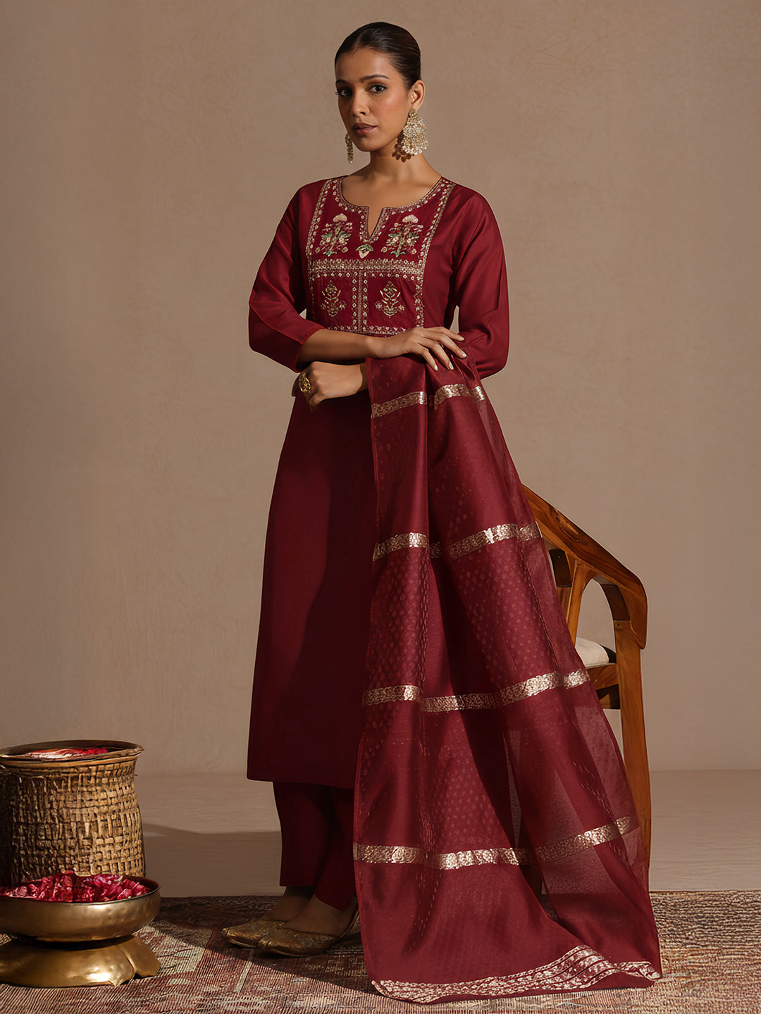 Janasya Women's Maroon Chanderi Silk Yoke Embroidered Straight Kurta Set