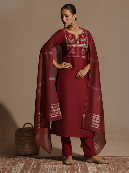 Janasya Women's Maroon Chanderi Silk Yoke Embroidered Straight Kurta Set