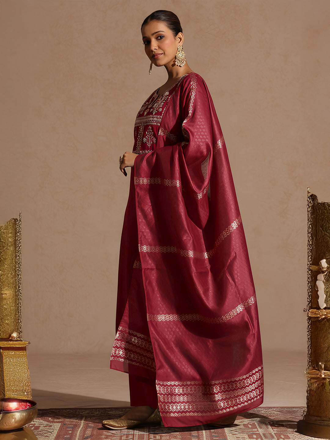 Janasya Women's Maroon Chanderi Silk Yoke Embroidered Straight Kurta Set