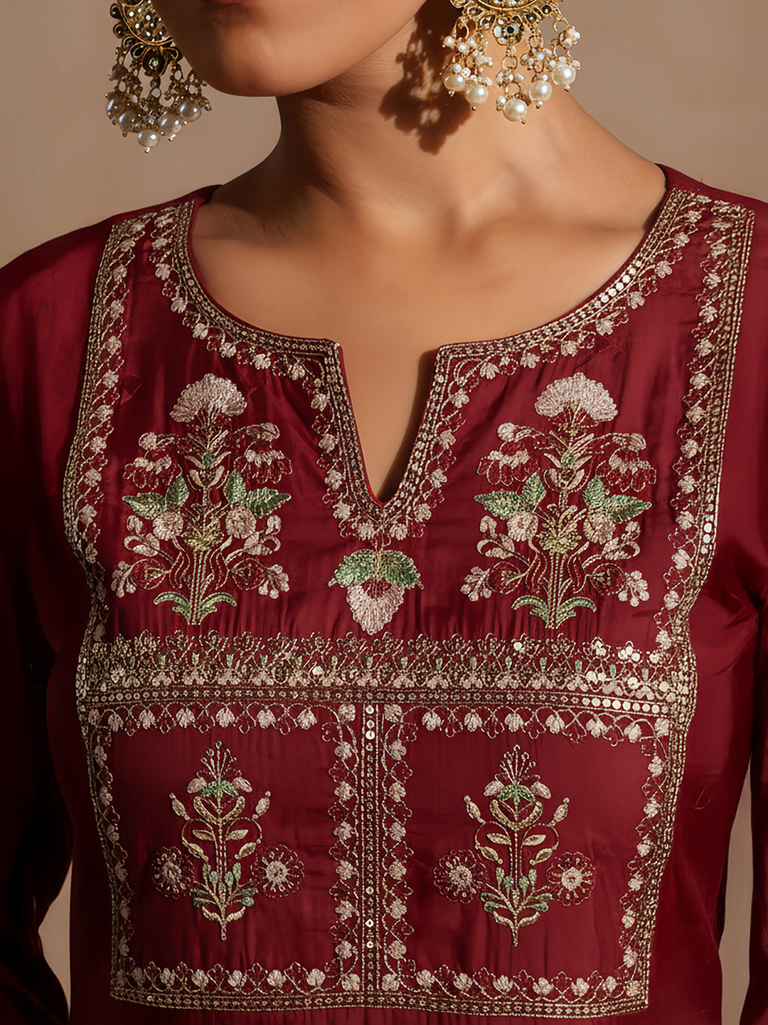 Janasya Women's Maroon Chanderi Silk Yoke Embroidered Straight Kurta Set