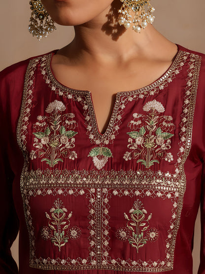 Janasya Women's Maroon Chanderi Silk Yoke Embroidered Straight Kurta Set