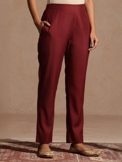 Janasya Women's Maroon Chanderi Silk Yoke Embroidered Straight Kurta Set