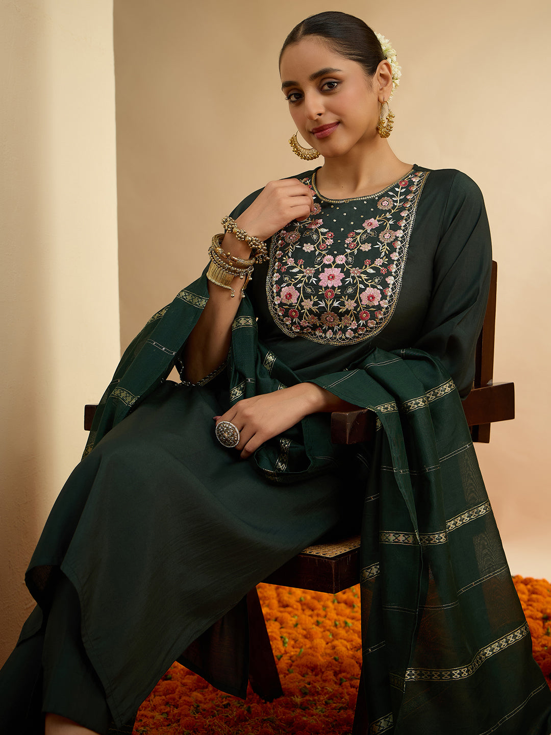 Janasya Women's Bottle Green Chanderi Silk Floral Yoke Embroiderered Straight Kurta Set