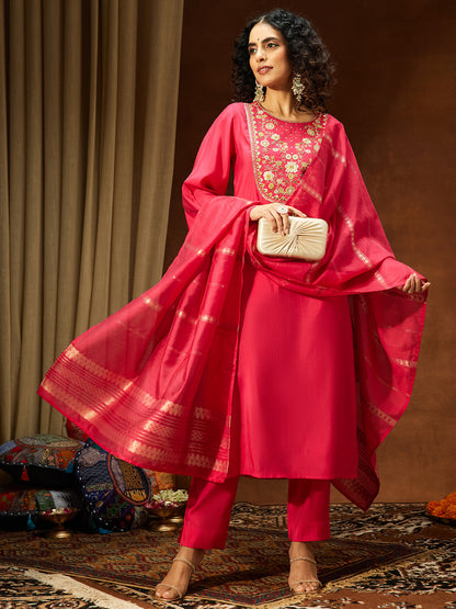 Janasya Women's Pink Chanderi Silk Zari Yoke Embroidered Straight Kurta Set