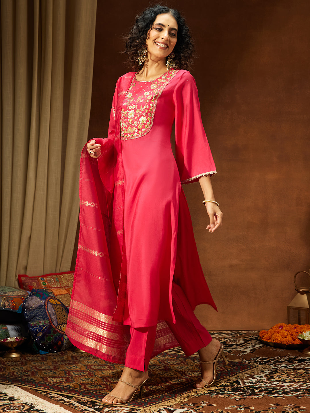 Janasya Women's Pink Chanderi Silk Zari Yoke Embroidered Straight Kurta Set