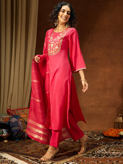 Janasya Women's Pink Chanderi Silk Zari Yoke Embroidered Straight Kurta Set