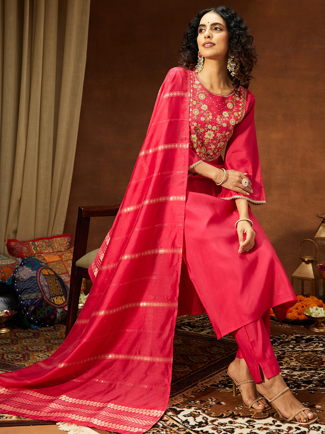 Janasya Women's Pink Chanderi Silk Zari Yoke Embroidered Straight Kurta Set