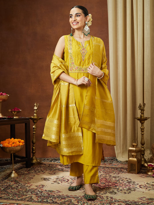 Janasya Women's Mustard Chanderi Silk Yoke Embroidered Straight Kurta Set