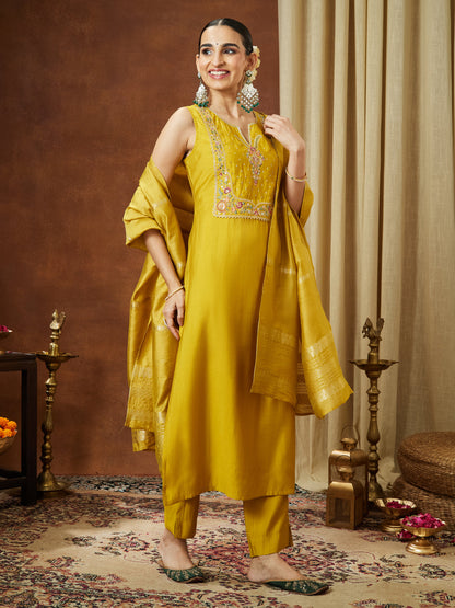 Janasya Women's Mustard Chanderi Silk Yoke Embroidered Straight Kurta Set