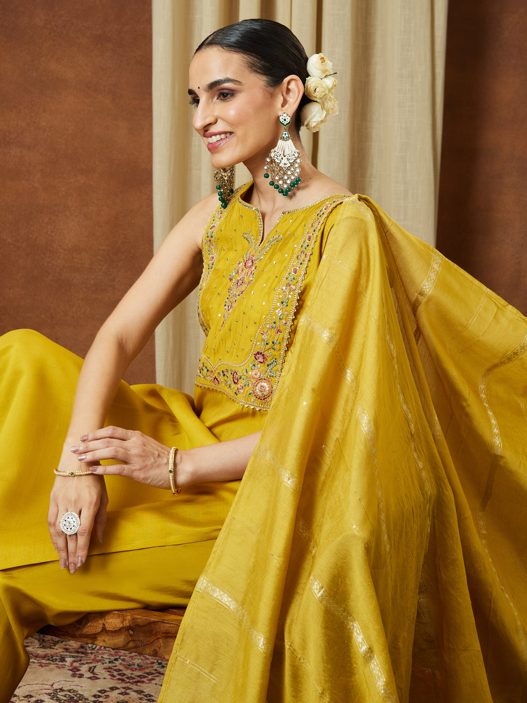 Janasya Women's Mustard Chanderi Silk Yoke Embroidered Straight Kurta Set