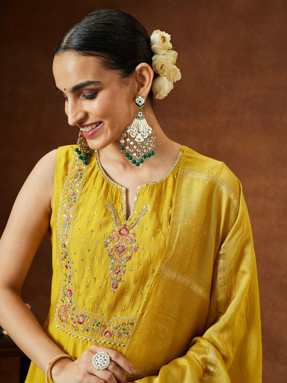 Janasya Women's Mustard Chanderi Silk Yoke Embroidered Straight Kurta Set