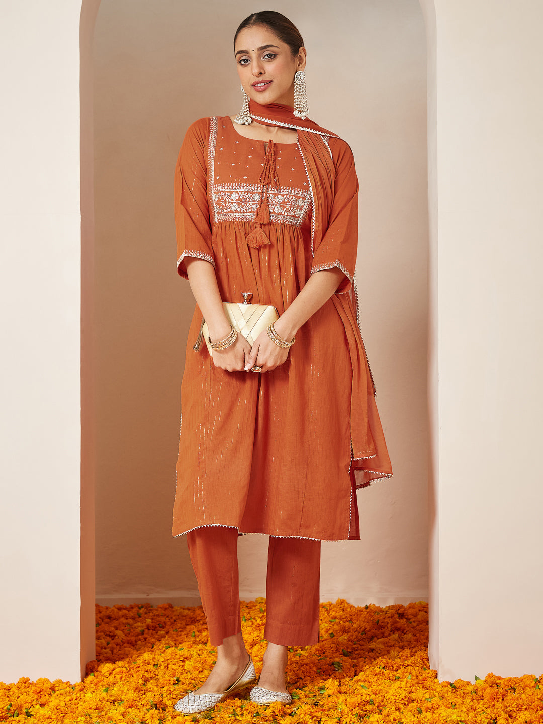 Janasya Women's Orange Pure Cotton Embroidered A-line Kurta Set