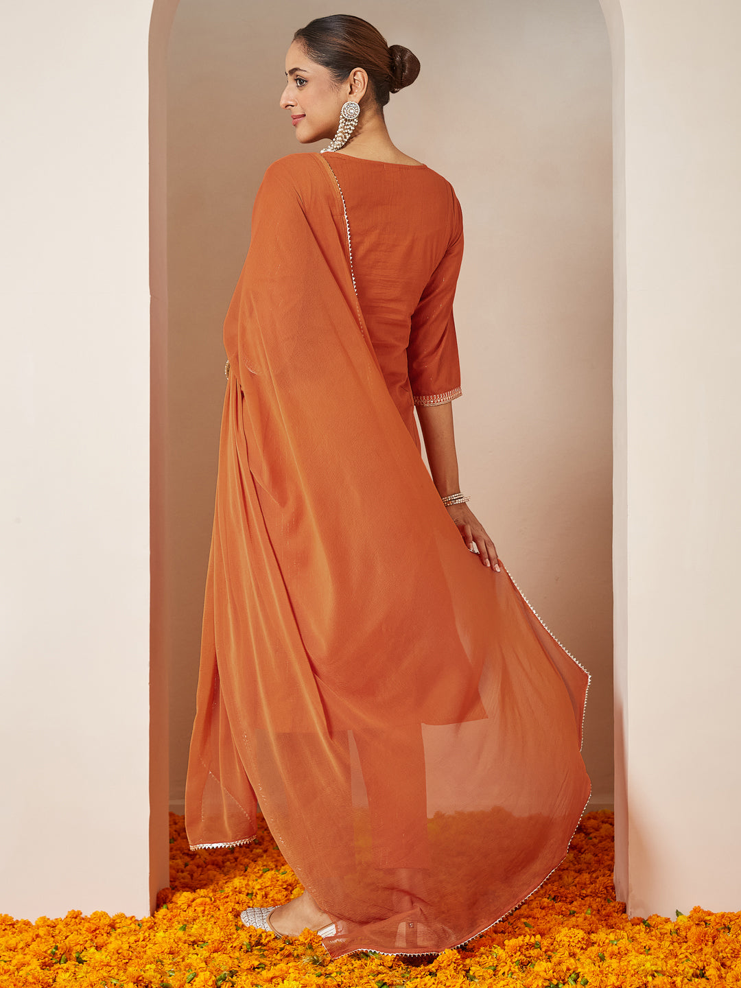 Janasya Women's Orange Pure Cotton Embroidered A-line Kurta Set