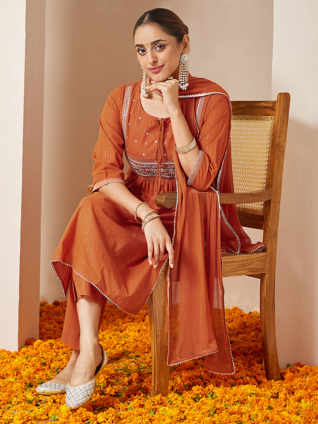 Janasya Women's Orange Pure Cotton Embroidered A-line Kurta Set