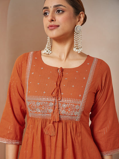 Janasya Women's Orange Pure Cotton Embroidered A-line Kurta Set