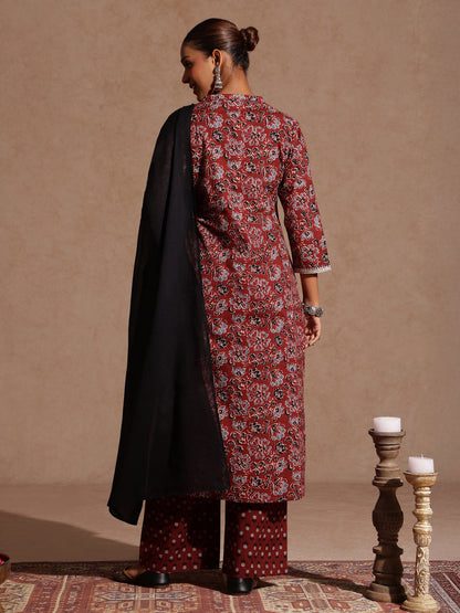 Janasya Women's Maroon Pure Cotton Floral Printed Straight Kurta Set