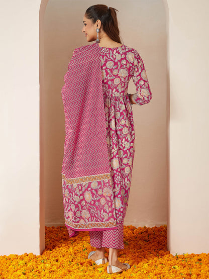 Janasya Women's Pink Pure Cotton Embellished Floral Printed A-line Kurta Set