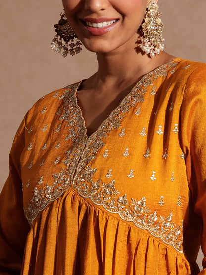 Janasya Women's Mustard Silk Blend Zari Yoke Embroidered A-line Kurta Set