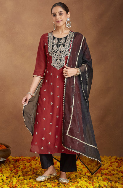 Janasya Women's Red Chanderi Silk Embroidered Straight Kurta Set