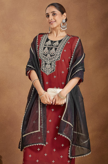 Janasya Women's Red Chanderi Silk Embroidered Straight Kurta Set