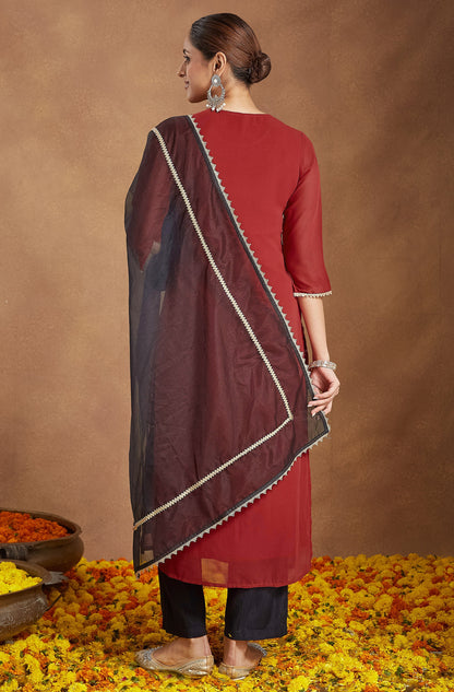 Janasya Women's Red Chanderi Silk Embroidered Straight Kurta Set