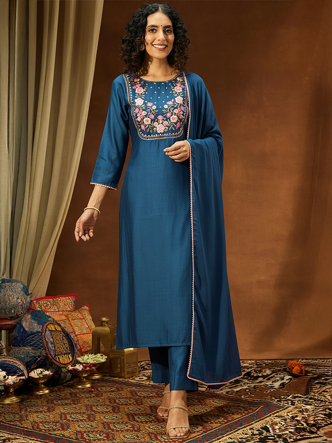 Janasya Women's Teal Blue Silk Blend Yoke Embroidered Straight Kurta Set
