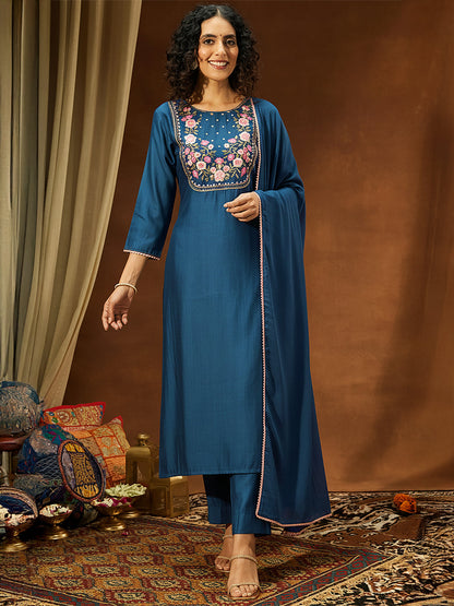 Janasya Women's Teal Blue Silk Blend Yoke Embroidered Straight Kurta Set