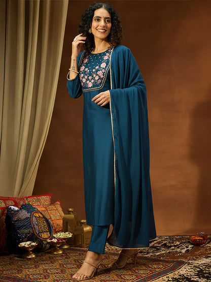Janasya Women's Teal Blue Silk Blend Yoke Embroidered Straight Kurta Set