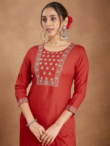 Janasya Women's Red Rayon Yoke Embroidered Straight Kurta Set