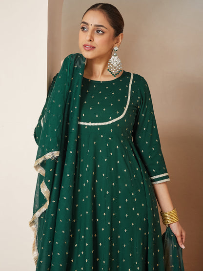 Janasya Women's Dark Green Rayon Gold Printed Anarkali Kurta Set