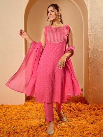 Janasya Women's Pink Rayon Gold Foil Printed Straight Kurta Set