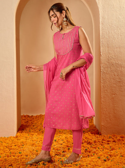 Janasya Women's Pink Rayon Gold Foil Printed Straight Kurta Set