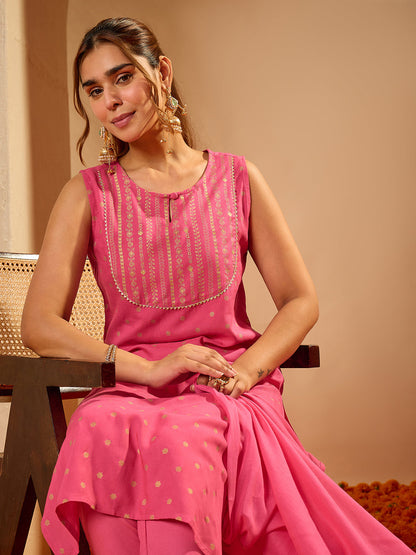 Janasya Women's Pink Rayon Gold Foil Printed Straight Kurta Set