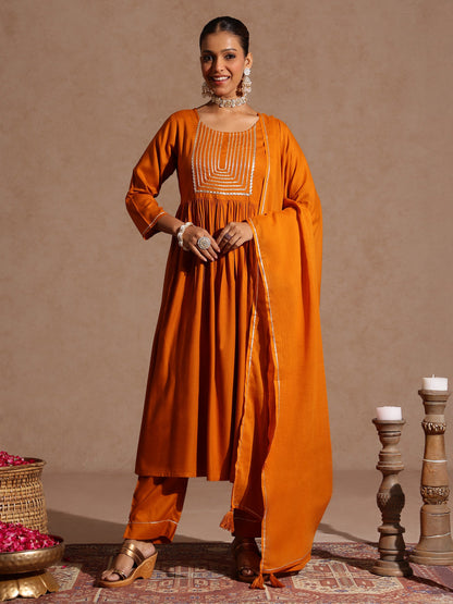 Janasya Women's Mustard Rayon Yoke Design A-line Kurta Set