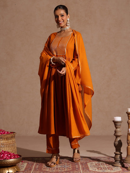 Janasya Women's Mustard Rayon Yoke Design A-line Kurta Set