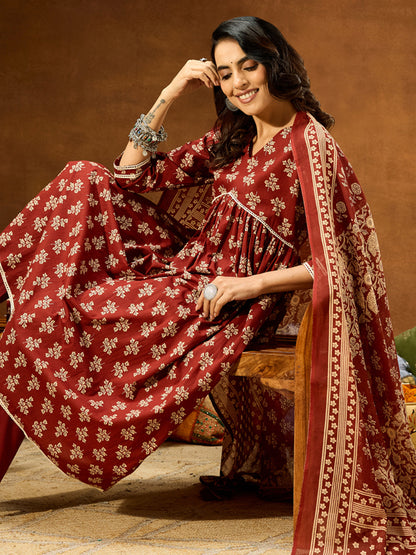 Janasya Women's Brown Pure Cotton Floral Printed A-line Kurta Set