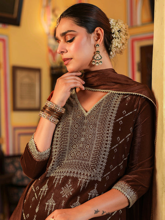 Janasya Women's Brown Velvet Embellished Gold Printed Straight Kurta Set