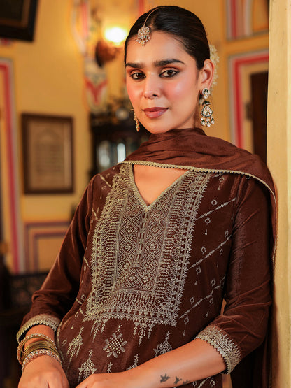 Janasya Women's Brown Velvet Embellished Gold Printed Straight Kurta Set