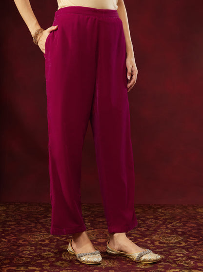 Janasya Women's Pink Velvet Embellished Gold Printed Straight Kurta Set