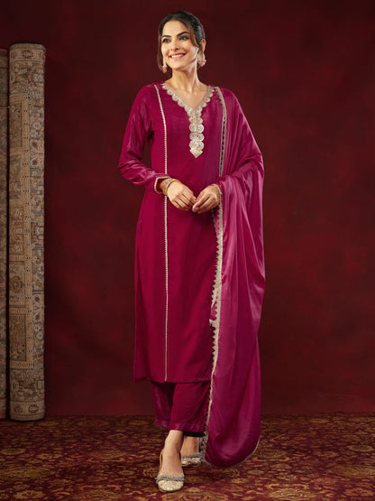 Janasya Women's Pink Velvet Embellished Straight Kurta Set