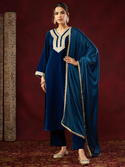 Janasya Women's Teal Blue Velvet Embellished Straigh Kurta Set