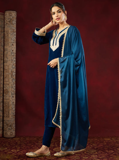 Janasya Women's Teal Blue Velvet Embellished Straigh Kurta Set