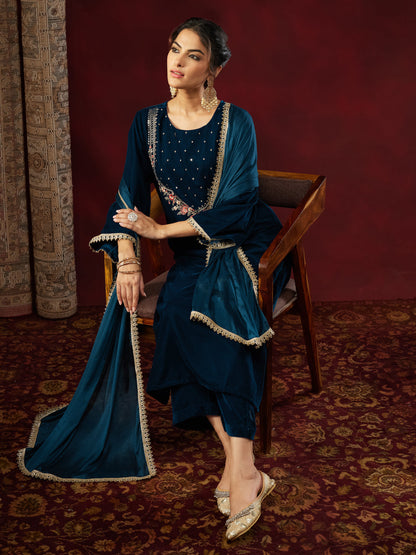 Janasya Women's Teal Blue Velvet Yoke Embroidered Straight Kurta Set