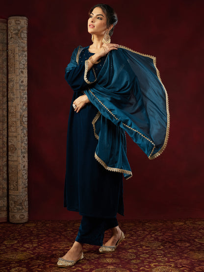 Janasya Women's Teal Blue Velvet Yoke Embroidered Straight Kurta Set
