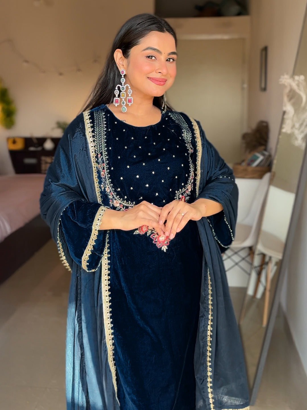 Janasya Women's Teal Blue Velvet Yoke Embroidered Straight Kurta Set