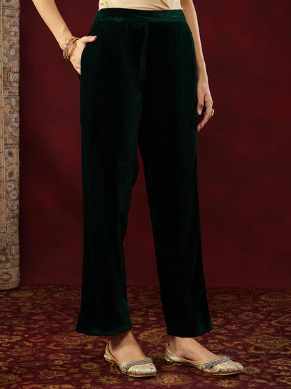 Janasya Women's Bottle Green Velvet Yoke Embroidered Straight Kurta Set