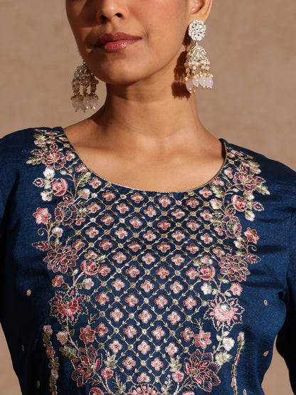 Janasya Women's Teal Blue Silk Blend Zari Embroidered Straight Kurta Set